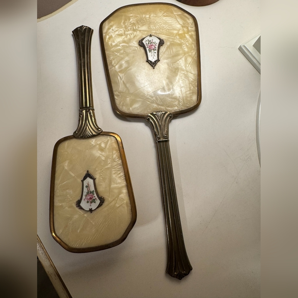 Vintage Hand Mirror & Brush Vanity Set, Art Deco Noveau Pearlescent Floral